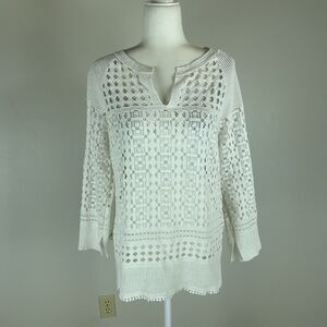 White L Lace Crochet Ivory Cover Up Tunic Top Beach Long Sleeve Coastal Preppy
